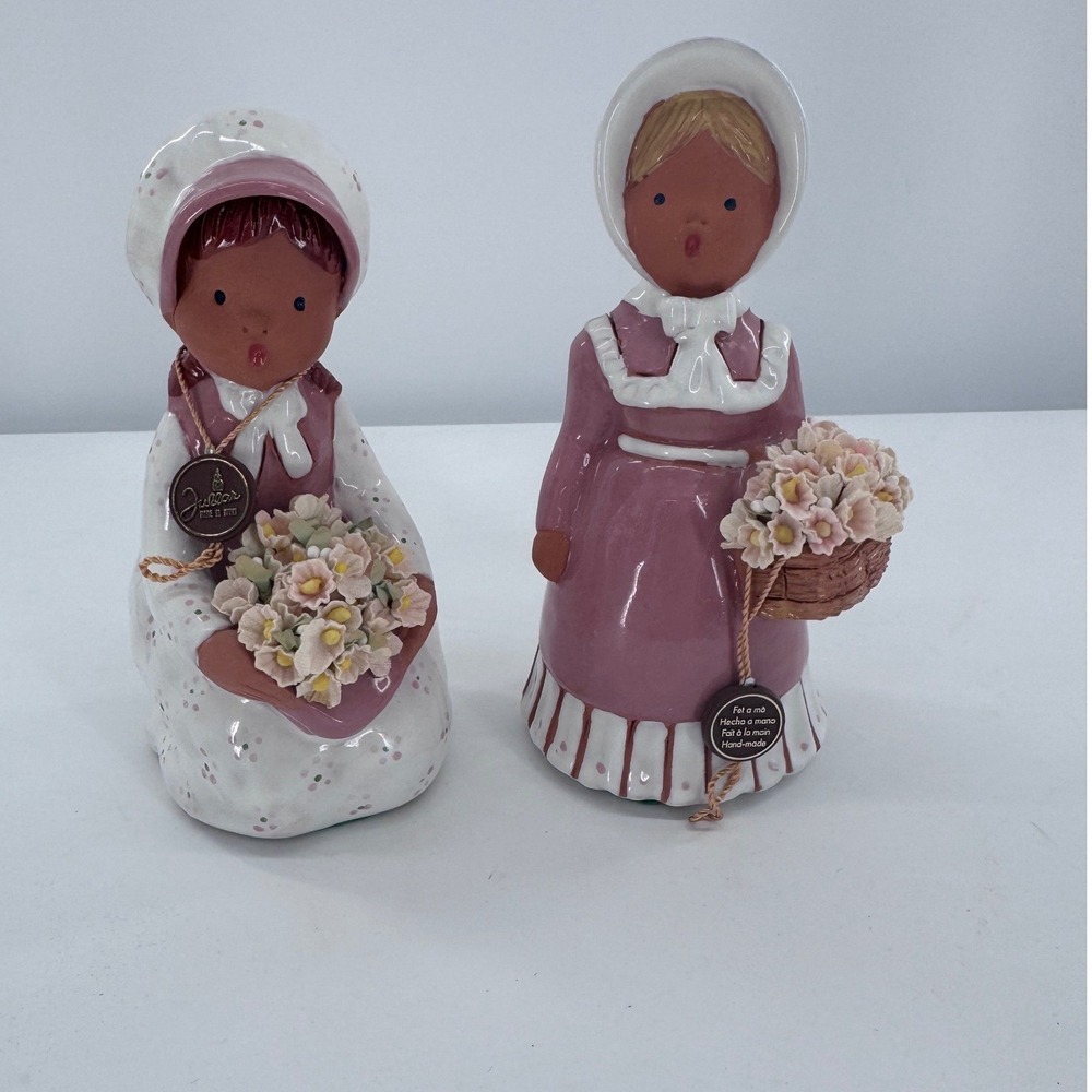 Jullar FigurineGirls with‎ Flowers Pink White Handmade Spain Ceramic Set of 2